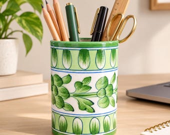 Hand-Painted Ceramic Pencil Holder – Green Floral Desk Organizer Cup - Gift for her