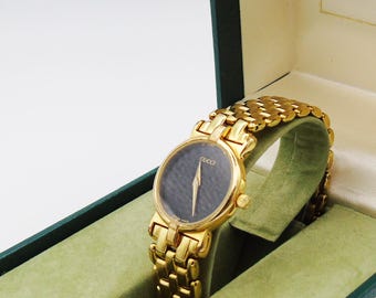 Gucci 3400L Watch – Gold Plated, Black Dial, Swiss Quartz, 15.5cm Bracelet, Comes with Box, Keeps Time Well