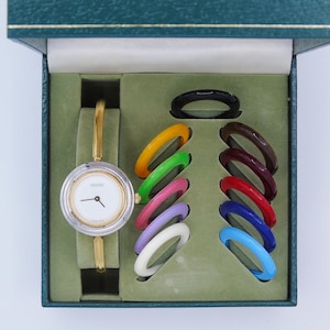 Vintage Gucci Bezel Watch 90s Change Bezel Gold Bracelet Bangle Watch Wristwatch Elegant Gold