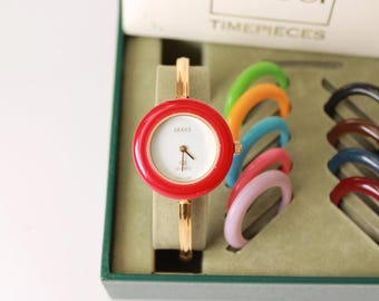Vintage Gucci Change Bezel Watch – Gold Plated Bangle with 10 Bezels (Papers & Box)