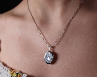 Vintage Etched Sterling Silver Oval Locket Necklace