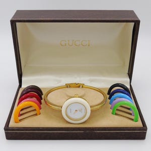 Vintage Gucci Bezel Watch 90s Change Bezel Gold Bracelet Bangle Watch Wristwatch Elegant Gold