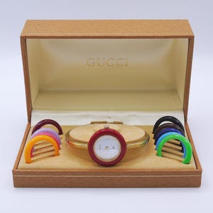 Vintage Gucci Bezel Watch 90s Change Bezel Gold Bracelet Bangle Watch Wristwatch Elegant Gold