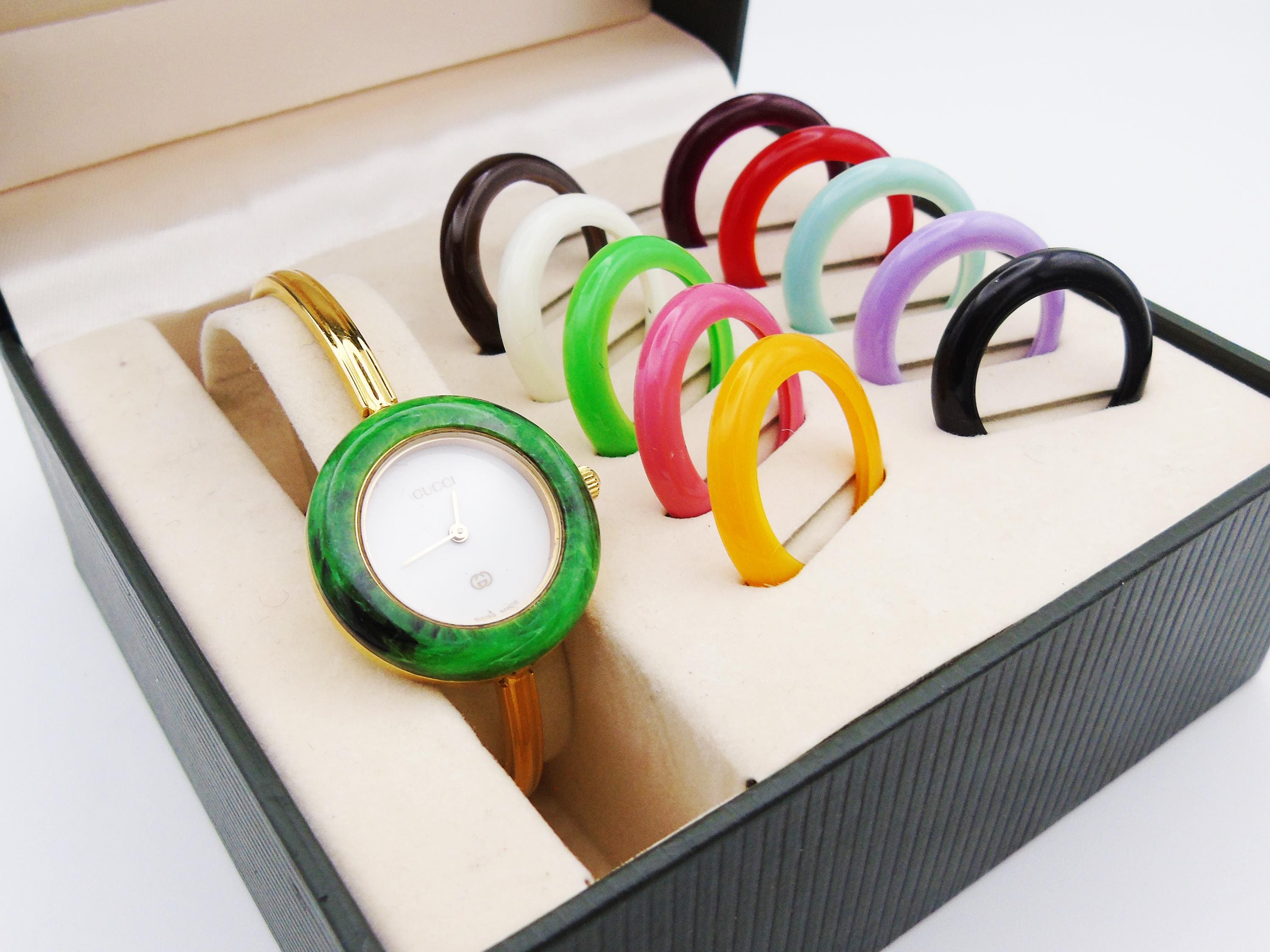 Vintage Gucci Bezel Watch 90s Change Bezel Gold Bracelet Bangle