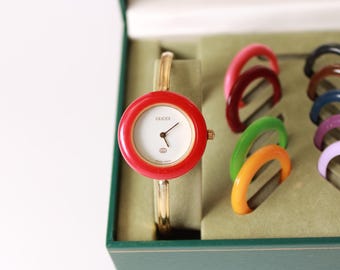 Working Vintage Gucci Bezel Watch - Elegant Change Bezel Gold Plated Bangle Wristwatch Jewellery