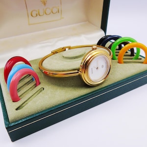 Vintage Gucci Bezel Watch Gold Bracelet Bangle Wristwatch Elegant