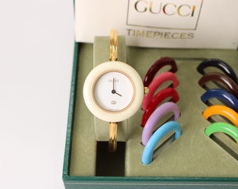 Working Vintage Gucci Bezel Watch - Elegant Change Bezel Gold Plated Bangle Wristwatch Jewellery
