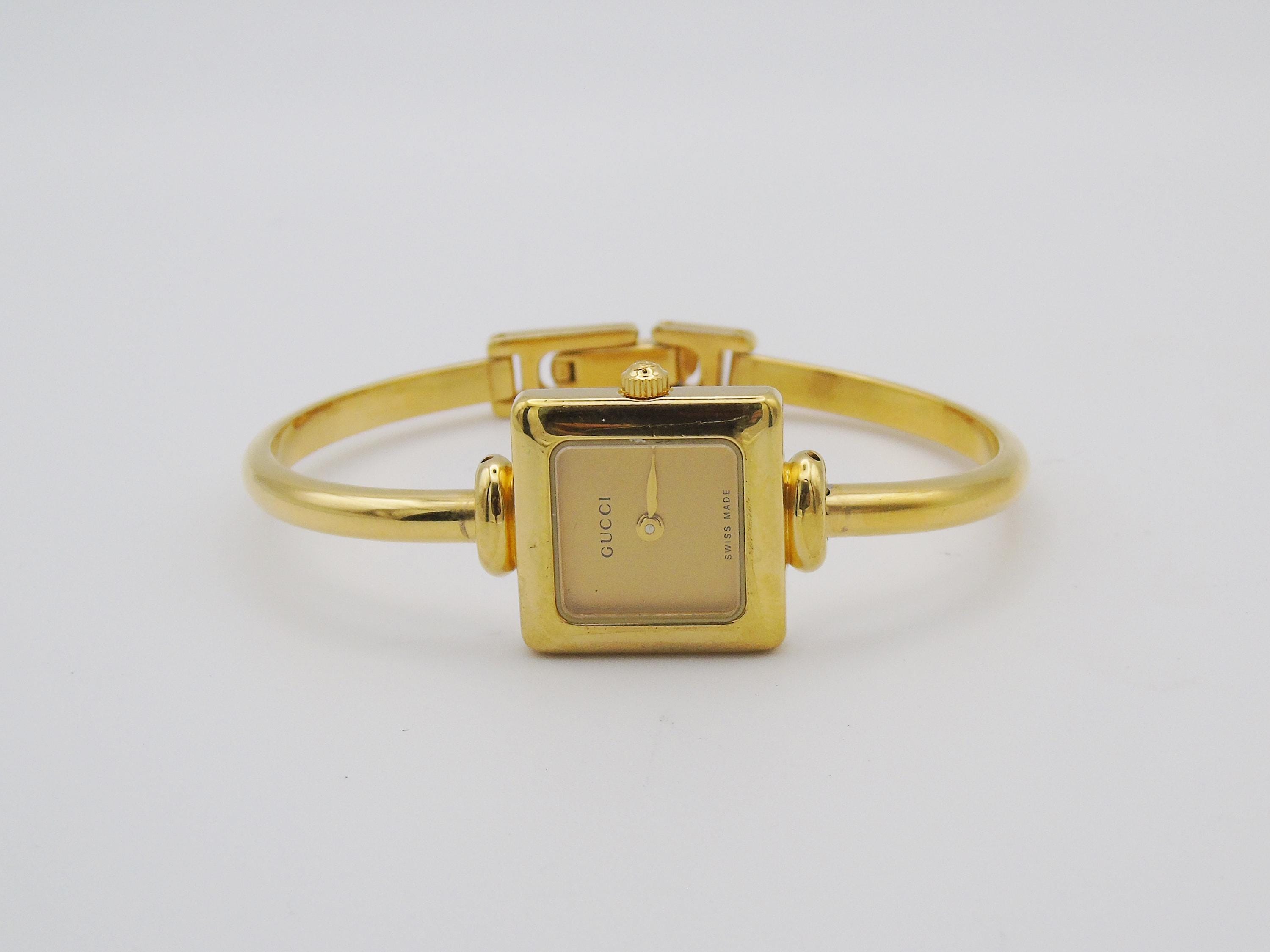 Vintage Gucci Watch Square 1900L White Gold Gold Dial Elegant Gucci Wristwatch Cheap Gucci Small Bracelet Bangle G11