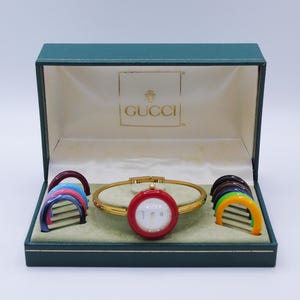Vintage Gucci Bezel Watch 90s Change Bezel Gold Bracelet Bangle Watch Wristwatch Elegant Gold
