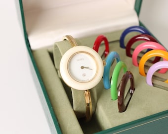 Working Vintage Gucci Bezel Watch - Elegant Change Bezel Gold Plated Bangle Wristwatch Jewellery