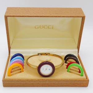 Working Vintage Gucci Bezel Watch 90s Change Bezel Gold Bracelet Bangle Watch Wristwatch Elegant Gold