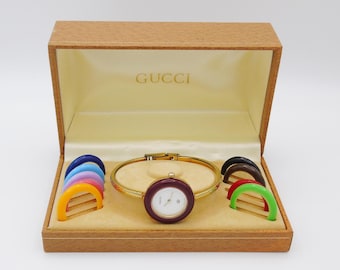 Working Vintage Gucci Bezel Watch 90s Change Bezel Gold Bracelet Bangle Watch Wristwatch Elegant Gold