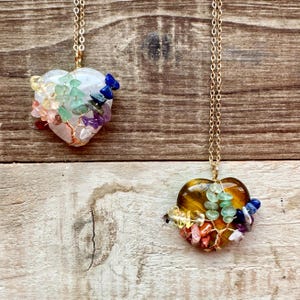 Hand-Wrapped Tiger’s Eye or Quartz Heart Palm Stone Crystal Tree of Life Pendant Necklace + Chakra Stones Set