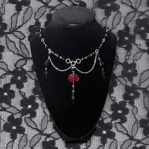 Black and red gothic heart cross chain necklace