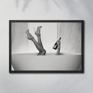 High Heels Woman Drinking Wine In Bathtub Print, Feminist Poster, Bathroom Wall Art, Black and White, Teen Girls Bathroom Decor, Bathtub Art