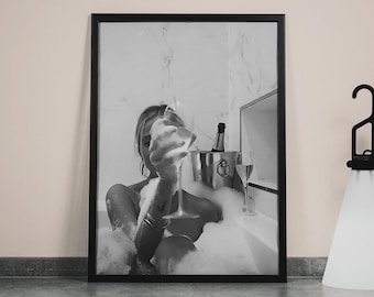 Woman Drinking Wine in Bathtub Print, Feminist Poster, Black and White, Alcohol Wall Art, Girls Bathroom Decor, Bar Poster, Digital Download