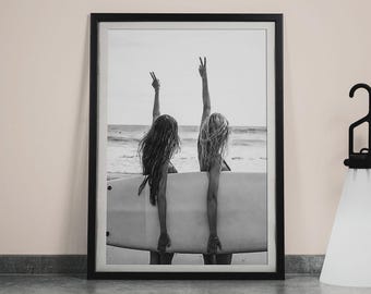 Surfer Girl Poster | Surfboard Wall Art, Black & White Fashion Print, Vintage Photo for Summer Beach House Decor,