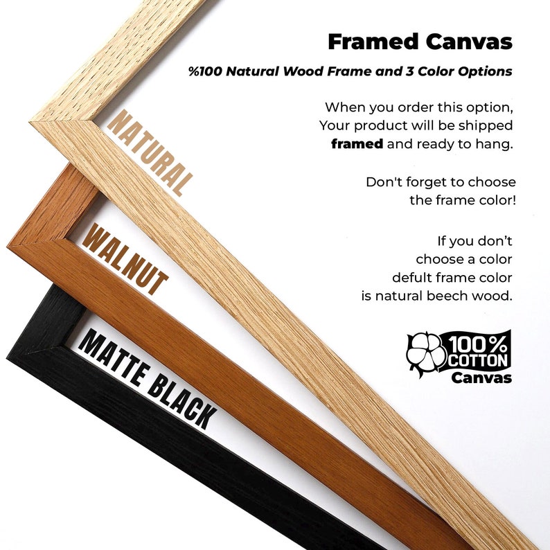 May include: Three wood frames in natural, walnut, and matte black colors. The frames are made of 100% natural wood and are available for canvas prints. The text on the image reads "Framed Canvas %100 Natural Wood Frame and 3 Color Options".