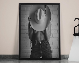 Impression de cow-girl du Far West, noir et blanc, affiche de mode vintage, art mural cow-girl, décoration de chambre d'adolescente, affiche féministe