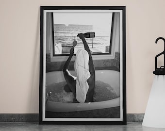 Woman Drinking Wine in Bathtub Print, Bar Cart Poster, Black and White, Printable Bathroom Wall Art, Girl Bathroom Decor,