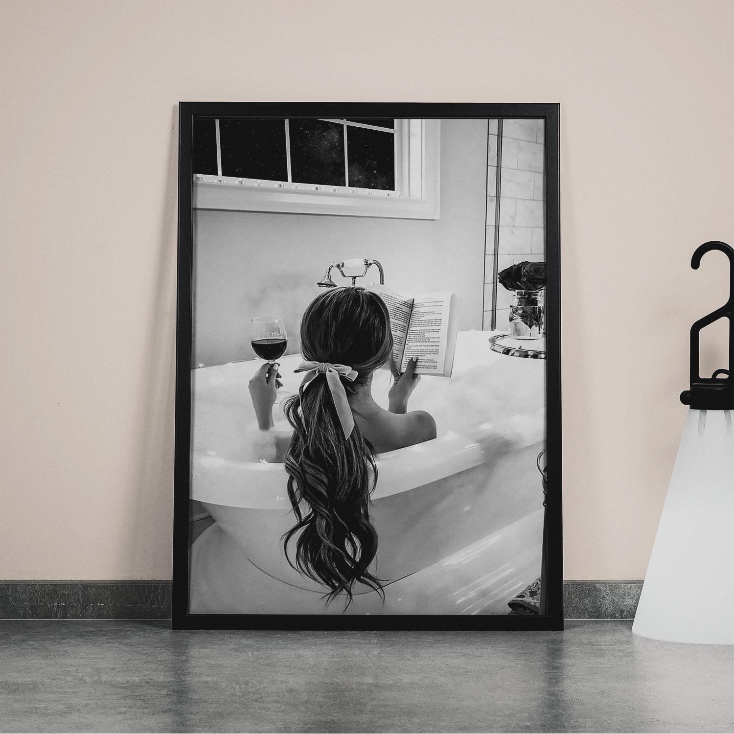 Feminist Poster, Woman Drinking Wine & Reading in Bathtub Print, Black and White, Alcohol Wall Art, Girls Bathroom Decor,