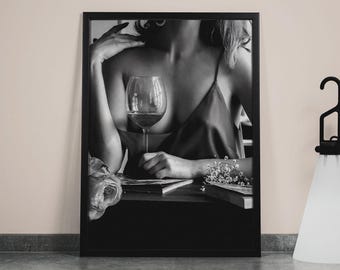 Woman Drinking Red Wine Print, Black and White, Aesthetic Wall Art, Bar Cart Print, Alcohol Wall Art, Teen Girls Bedroom Decor, Hype-beast