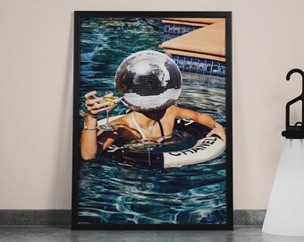 Impressão de bola de discoteca, arte de parede preppy, arte de parede moderna, arte de parede feminina, decoração de dormitório, arte de parede descolada, impressão em preto e branco e prata, arte eclética
