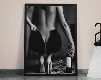 Woman with wine glass Poster, Black and White, Fashion Photography, Bar Cart Print, Alcohol Wall Art, Feminist Poster, Teen Girl Room Decor