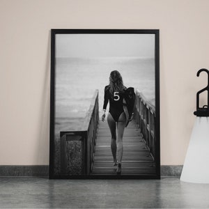 Surfer Girl Poster, Surfboard Wall Art, Black and White, Fashion Print, Vintage Photo, Summer Poster, Beach House Decor, Digital Download