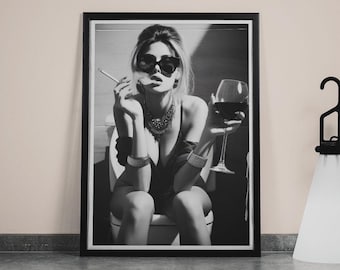 Girl On Toilet Wall Art: Woman Drinking Wine Poster, Funny Bathroom Print