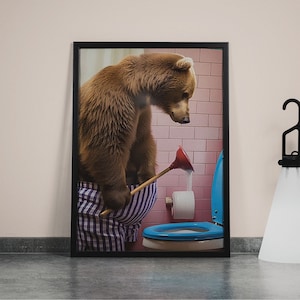 Bear In The Toilet, Bear Wall Art, Toilet Poster, Comedy PosterBrown Grizzly Bear Sitting On The Toilet | Painting Print on Framed Canvas |