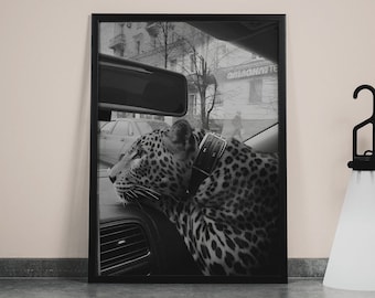 Panther in the Car Print, Cheetah Poster, Black and White Wall Art, Vintage Photography, Fashion Print