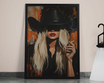 Chique cowgirl portret kunst aan de muur - moderne westerse canvasprint met blonde vrouw in gewaagde cowboyhoed voor rustieke boerderijinrichting