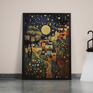 Gustav Klimt Print, Gustav Klimt Poster, Klimt Exhibition Poster, Village Night Print, Klimt Moon Stars Tree Art, Premium Matte Paper Poster