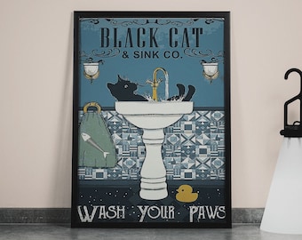 Póster de gato negro que se lava las patas, impresión decorativa para el baño, imagen de animal, arte de pared vintage, decoración del baño del inodoro, lavado del lavabo del gato negro