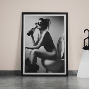 Woman Sitting On Toilet Wall Art | Girl On Toilet Drinking Wine Poster | Black and White Print | Funny Bathroom Art | Retro Wall Decor