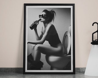 Woman Sitting On Toilet Wall Art | Girl On Toilet Drinking Wine Poster | Black and White Print | Funny Bathroom Art | Retro Wall Decor
