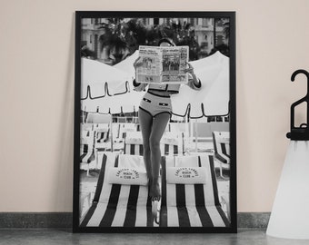 Woman Reading Newspaper Print, Black and White, Beach Photography, Vintage Poster, Luxury Fashion Wall Art, Summer Poster,