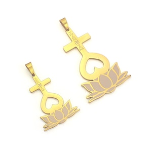 May include: Two gold-tone pendants with a cross, heart, and lotus flower design. The pendants have the text "H-I-I-Z-R-I-K-Z" engraved on them.