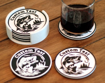 Custom Fishing Coaster Set with Bass Design – Personalized Gift for Fishermen - 4" - Fishing Gift -Gift for Him - Outdoor Cabin Decor - PETG
