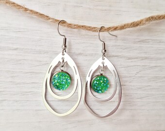 Green Druzy Earrings,  Stainless Steel, Hypoallergenic