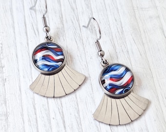 Red, White & Blue Cabochon Earrings, Stainless Steel earrings, Hypoallergenic