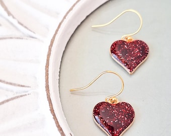 Red Enamel Glitter Heart Earrings, Gold Plated Sterling Silver Earring Wire