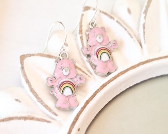 Cheer Bear Enamel Earrings, Sterling Silver Earring Wire