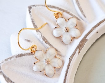 White Enamel Flower Dangle Earrings, Gold Plated Sterling Silver Earring Wire, Hypoallergenic