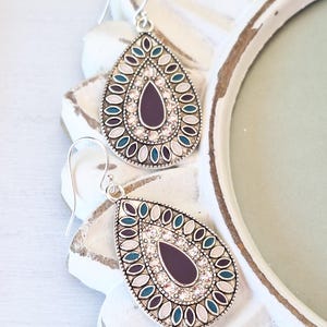 Teardrop Shape Earrings with White, Purple and Blue Enamel, Sterling Silver Earring Wire