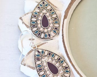 Teardrop Shape Earrings with White, Purple and Blue Enamel, Sterling Silver Earring Wire