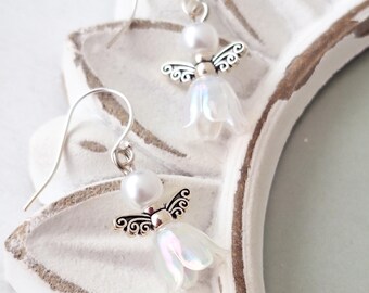White Angel Earrings, Sterling Silver Earring Wire