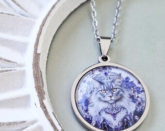 Fancy Gray Cat Cabochon Necklace, Stainless Steel, Hypoallergenic