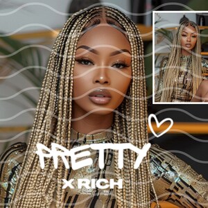 May include: A woman with long blonde braids wears a gold sequined top with the text "PRETTY x RICH" on the front.